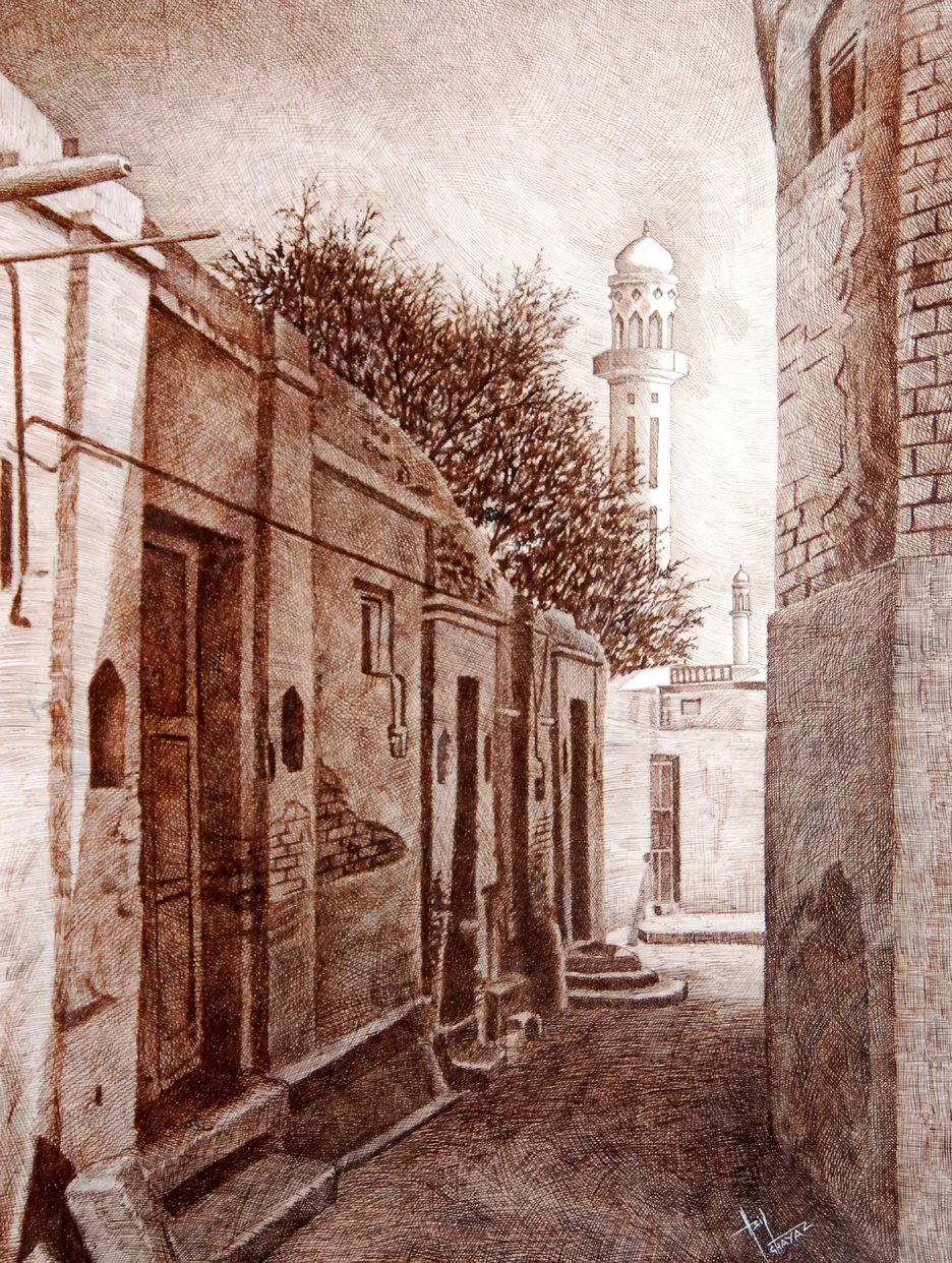 Architectural pen and ink drawing by Asif Ghayaz